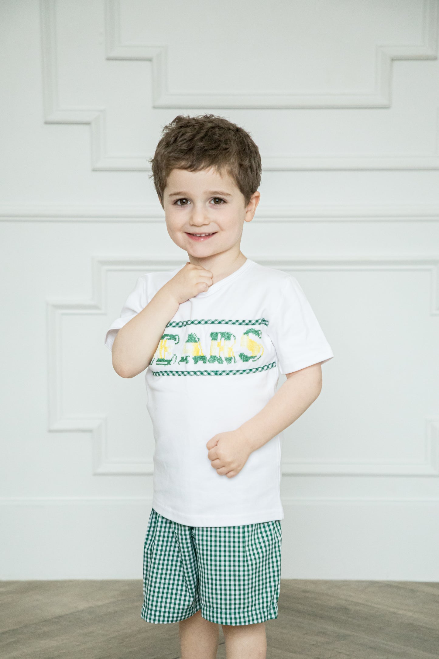 Boy's Marguerite Cross Stitch Bears Set | Gingham Green