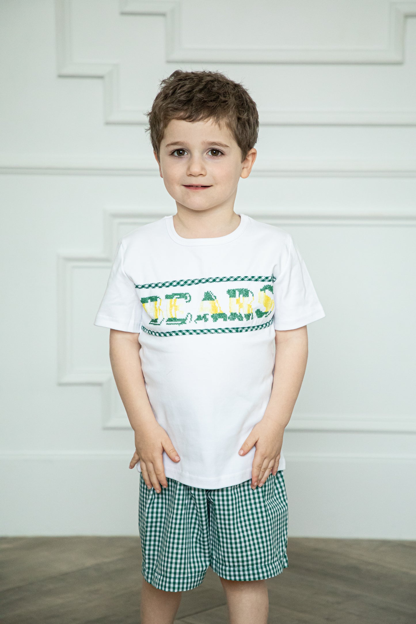 Boy's Marguerite Cross Stitch Bears Set | Gingham Green