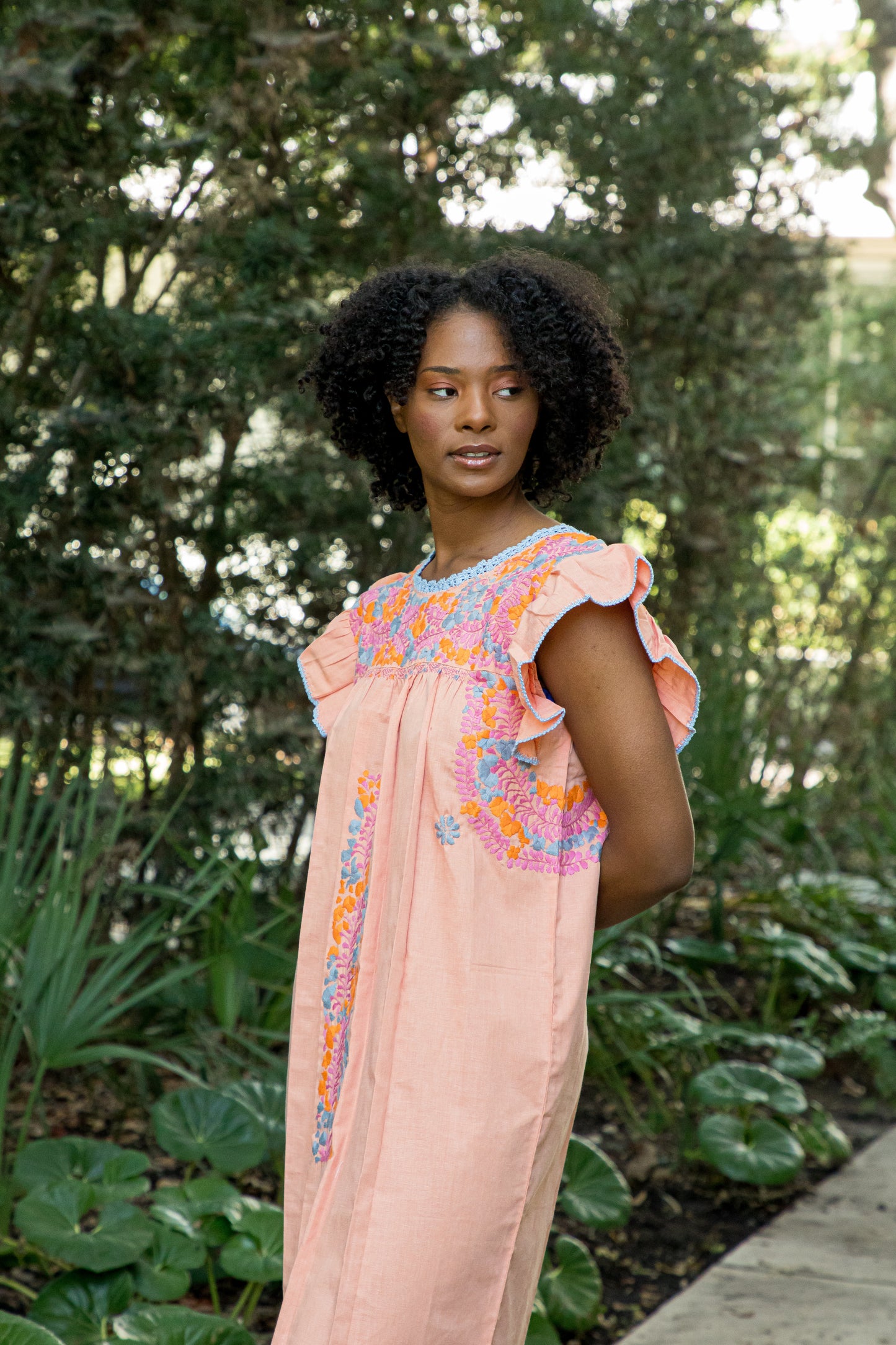 Sara | Peach Dress with Pink, Blue and Orange embroidery