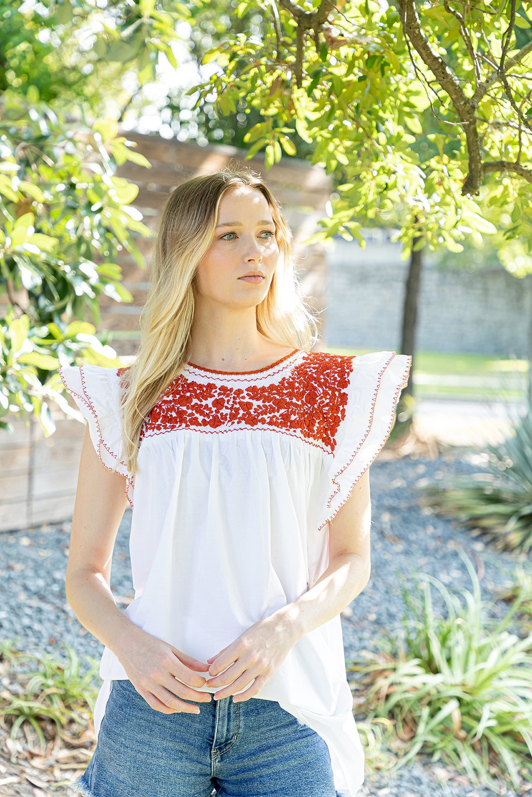 Carolina Ruffles Top | White with Burnt Orange
