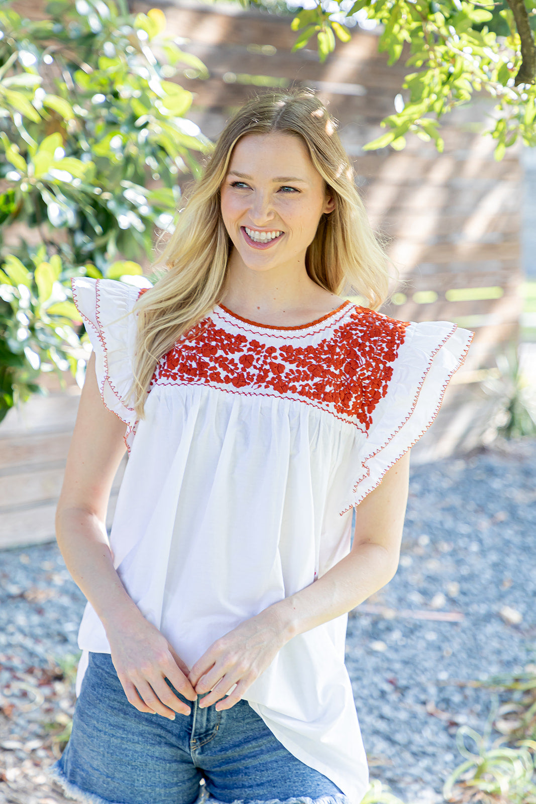 Carolina Ruffles Top | White with Burnt Orange