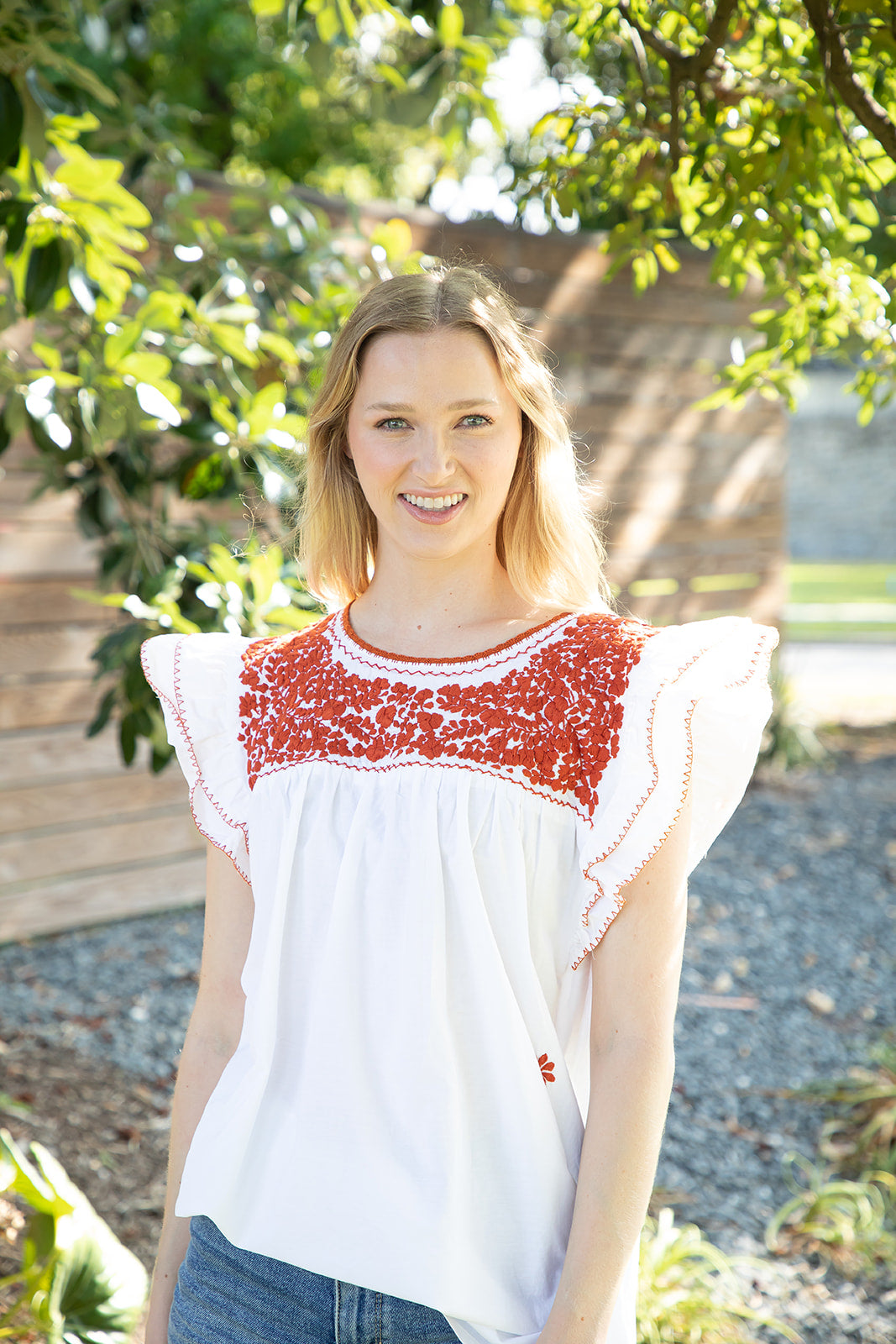 Carolina Ruffles Top | White with Burnt Orange