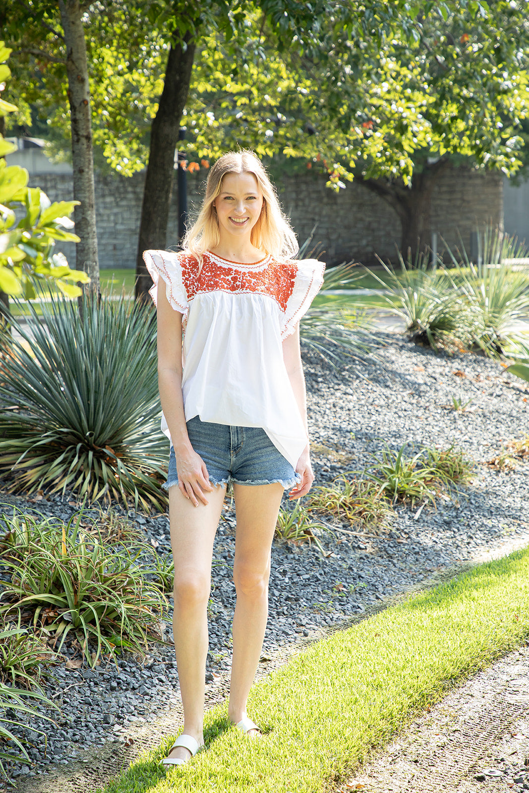 Carolina Ruffles Top | White with Burnt Orange