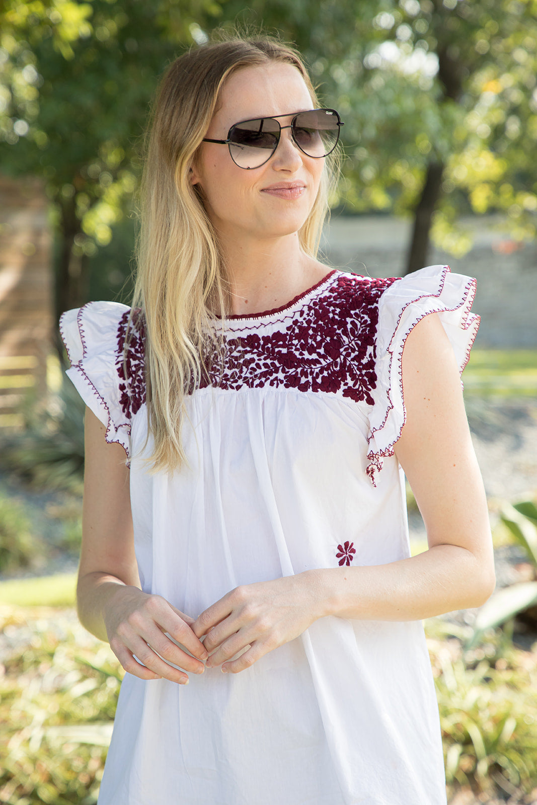Carolina Ruffles Top | White with Maroon