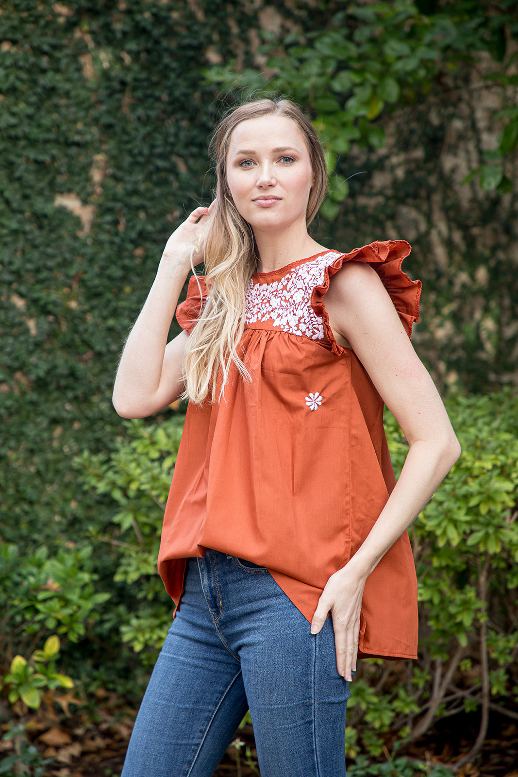 Carolina Ruffles Top | Burnt Orange with white