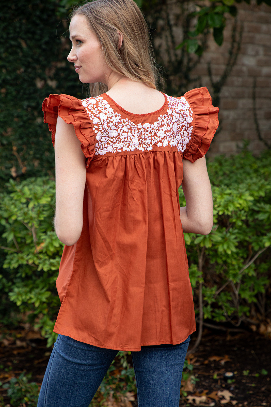 Carolina Ruffles Top | Burnt Orange with white