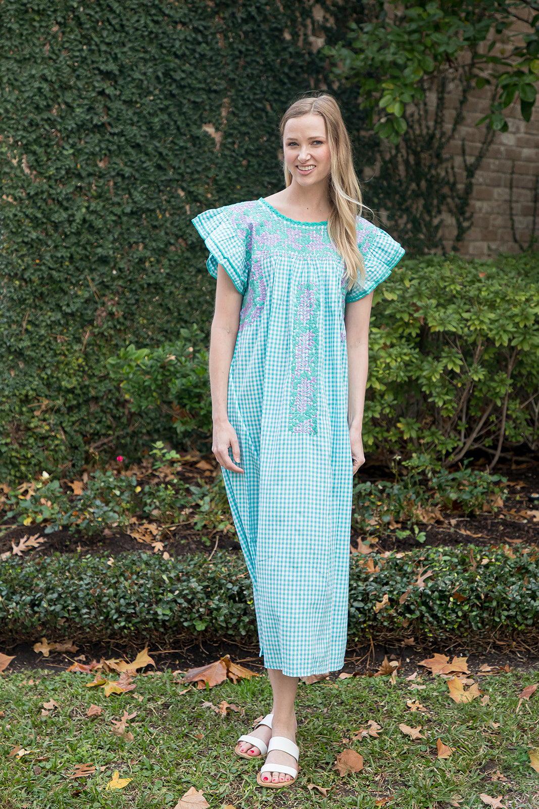 Mariana | Turquoise Maxi Gingham Dress with Lavender and Turquoise