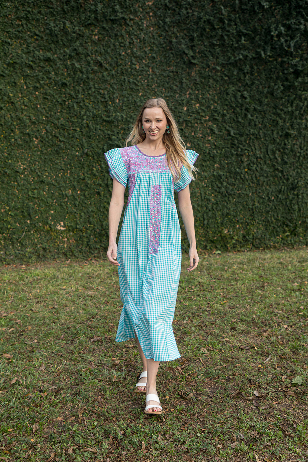 Mariana | Turquoise Maxi Gingham Dress with Lavender and Pink