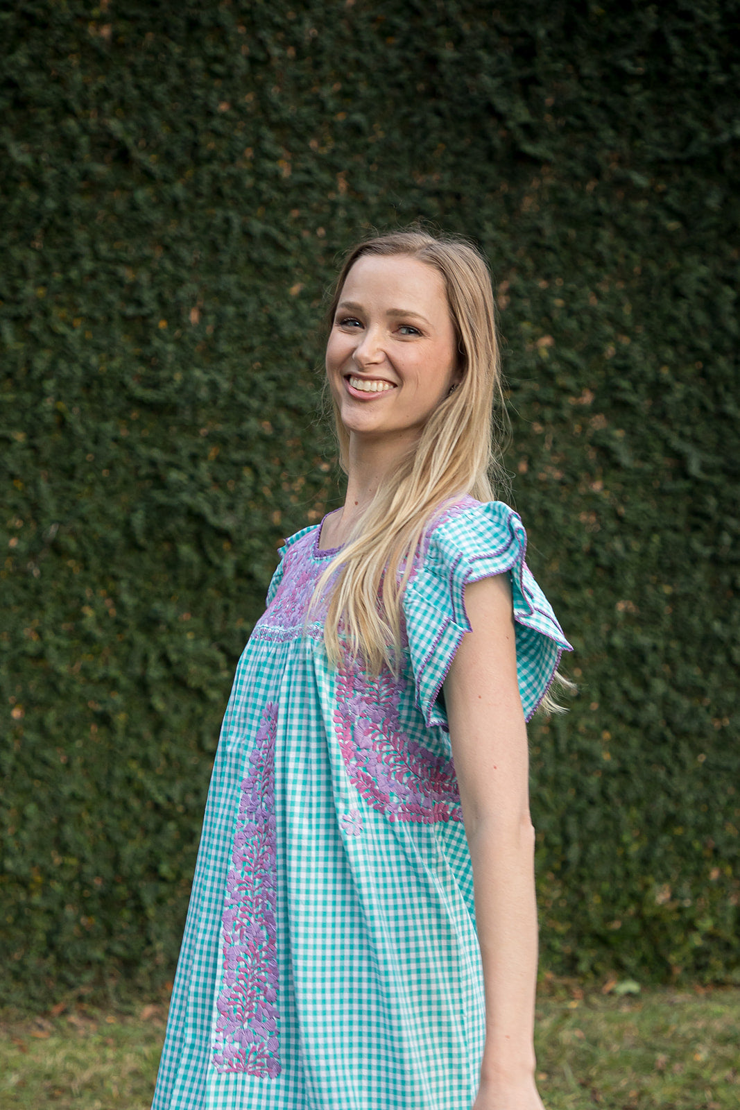 Mariana | Turquoise Maxi Gingham Dress with Lavender and Pink Margarita Mercantile Mariana | Turquoise Maxi Gingham Dress with Lavender and Pink Margarita Mercantile