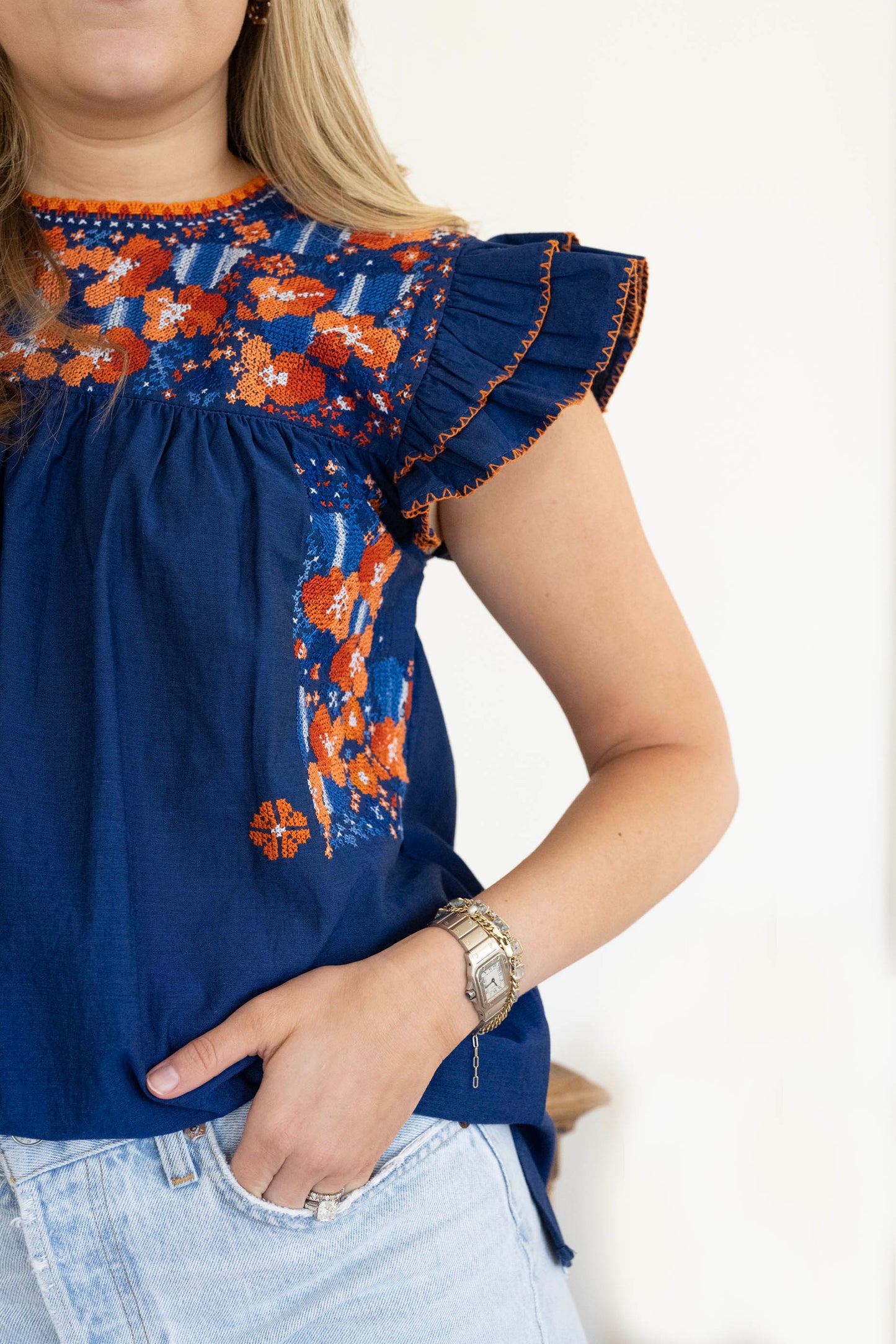Sara Top | Cross Stitch blue Ombre orange