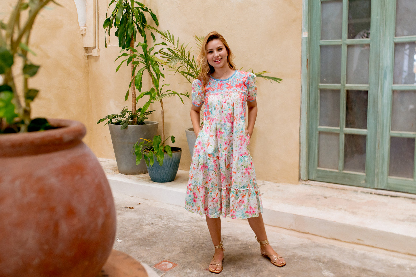 Gabriela Floral Dress | Coral with Blue