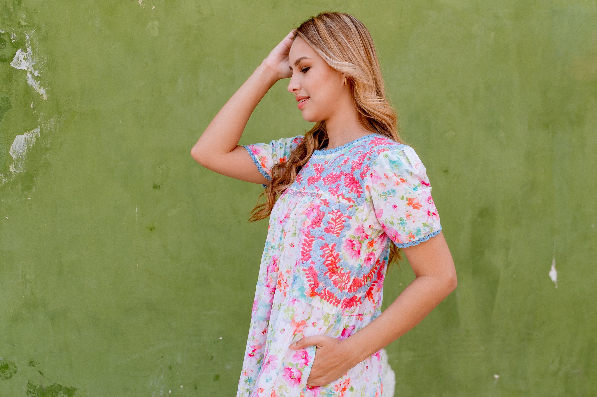 Gabriela Floral Dress | Coral with Blue Margarita Mercantile Gabriela Floral Dress | Coral with Blue Margarita Mercantile