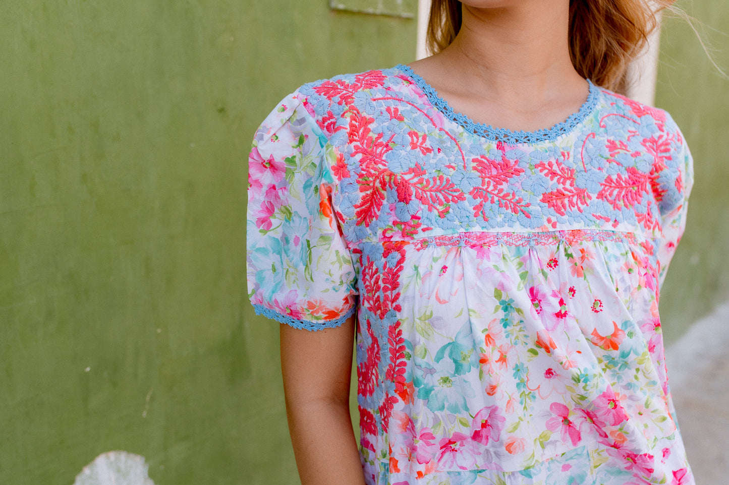 Gabriela Floral Dress | Coral with Blue