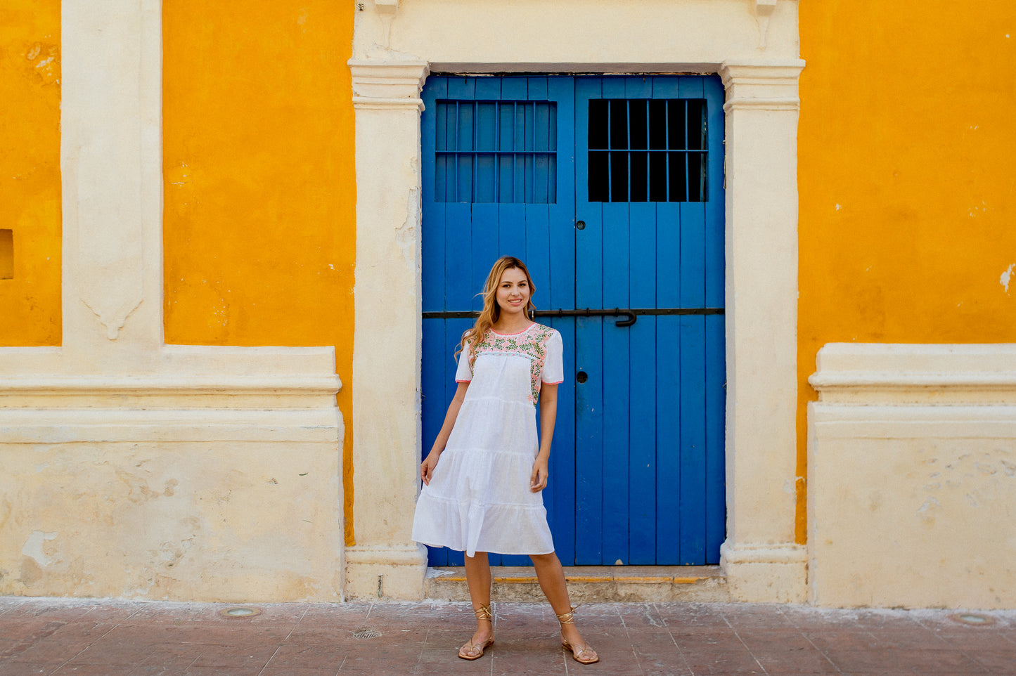 Gabriela Dress | White with Coral and Green