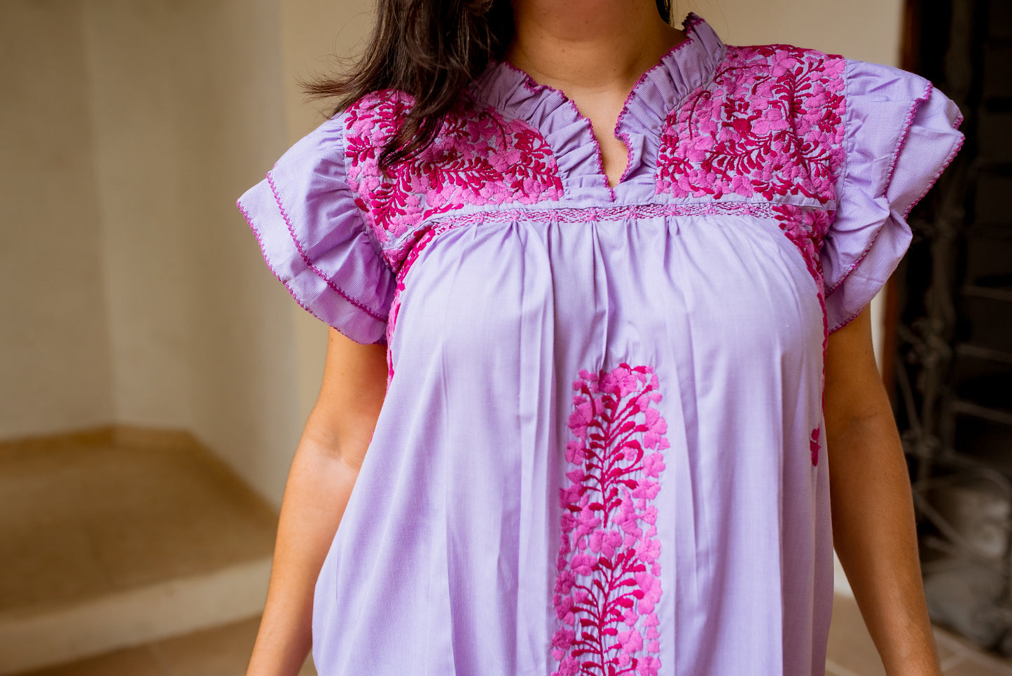 Mariana | Purple Rose Maxi Dress with Berry and Pink Embroidery