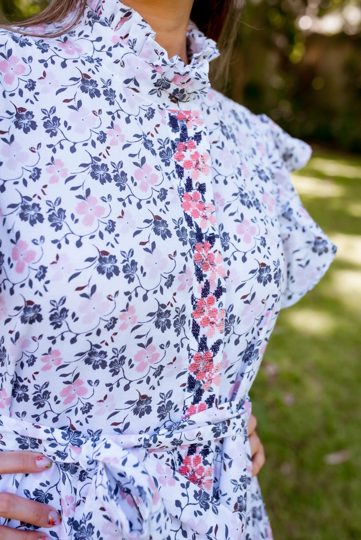 Elsi Deshilado and Cross stitch Dress | Floral with coral and blue
