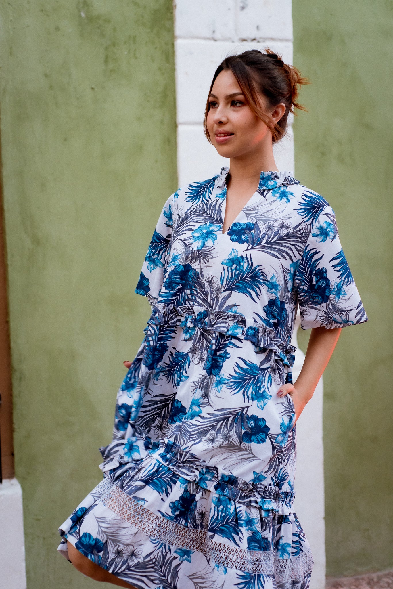 Linda Deshilado Dress | Palmas  Blue - All Sales Final