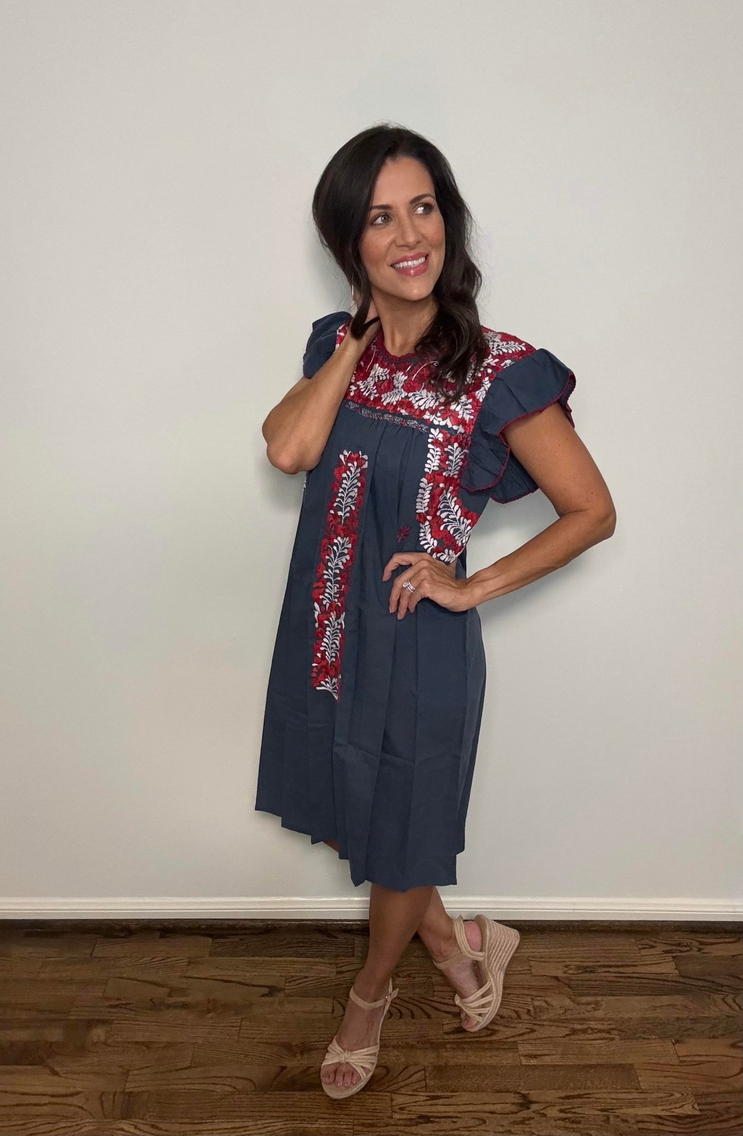 Sara Texas Dress | Navy Blue with Red and White