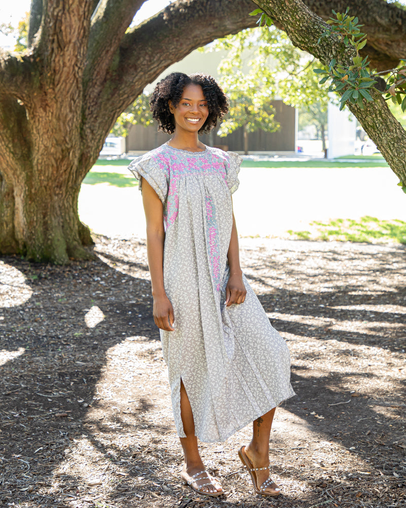 Mariana Maxi dress Gray Flower print with Lavender Margarita Mercantile