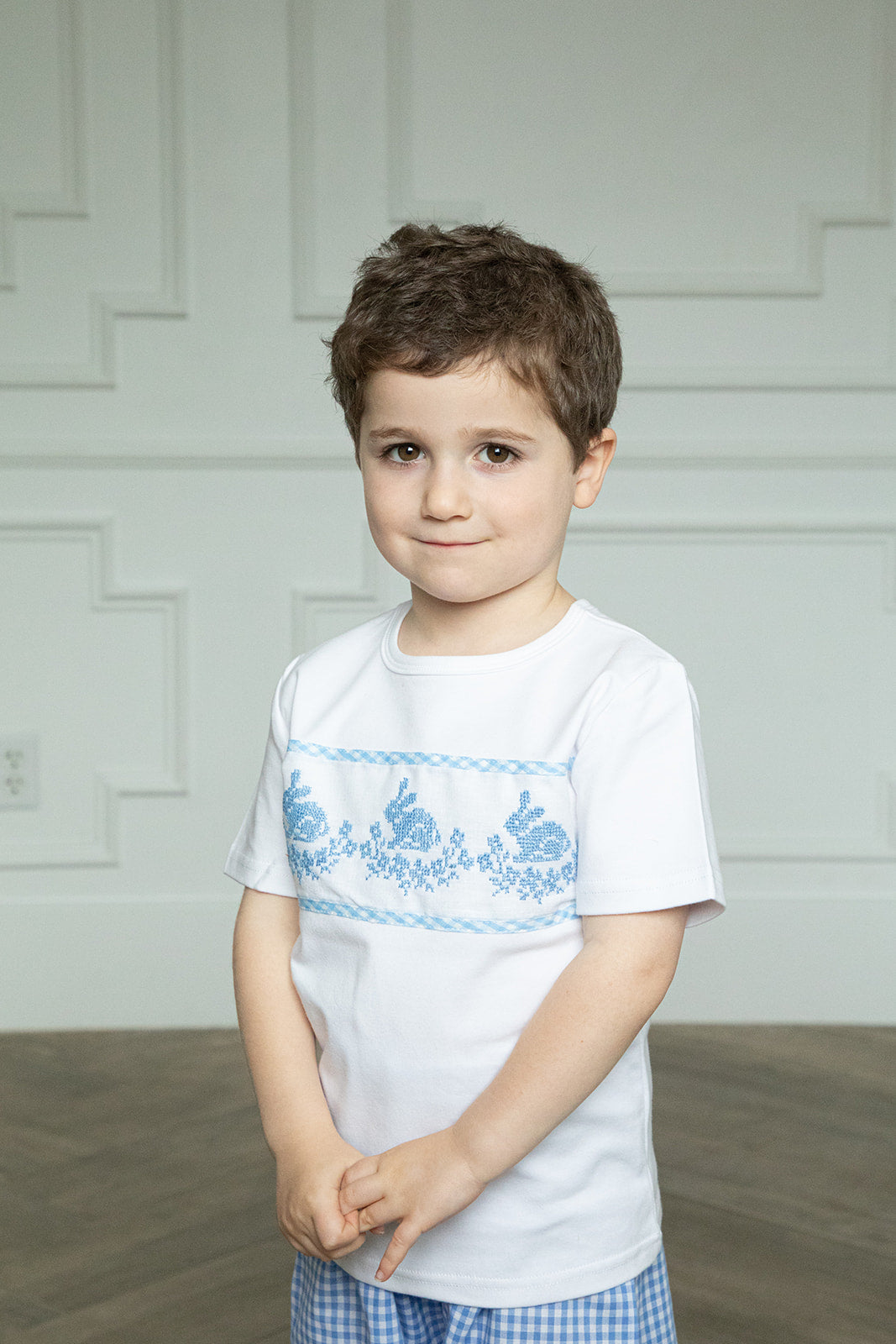 Boy's Marguerite Cross Stitch Bunny Short Set | Gingham Blue