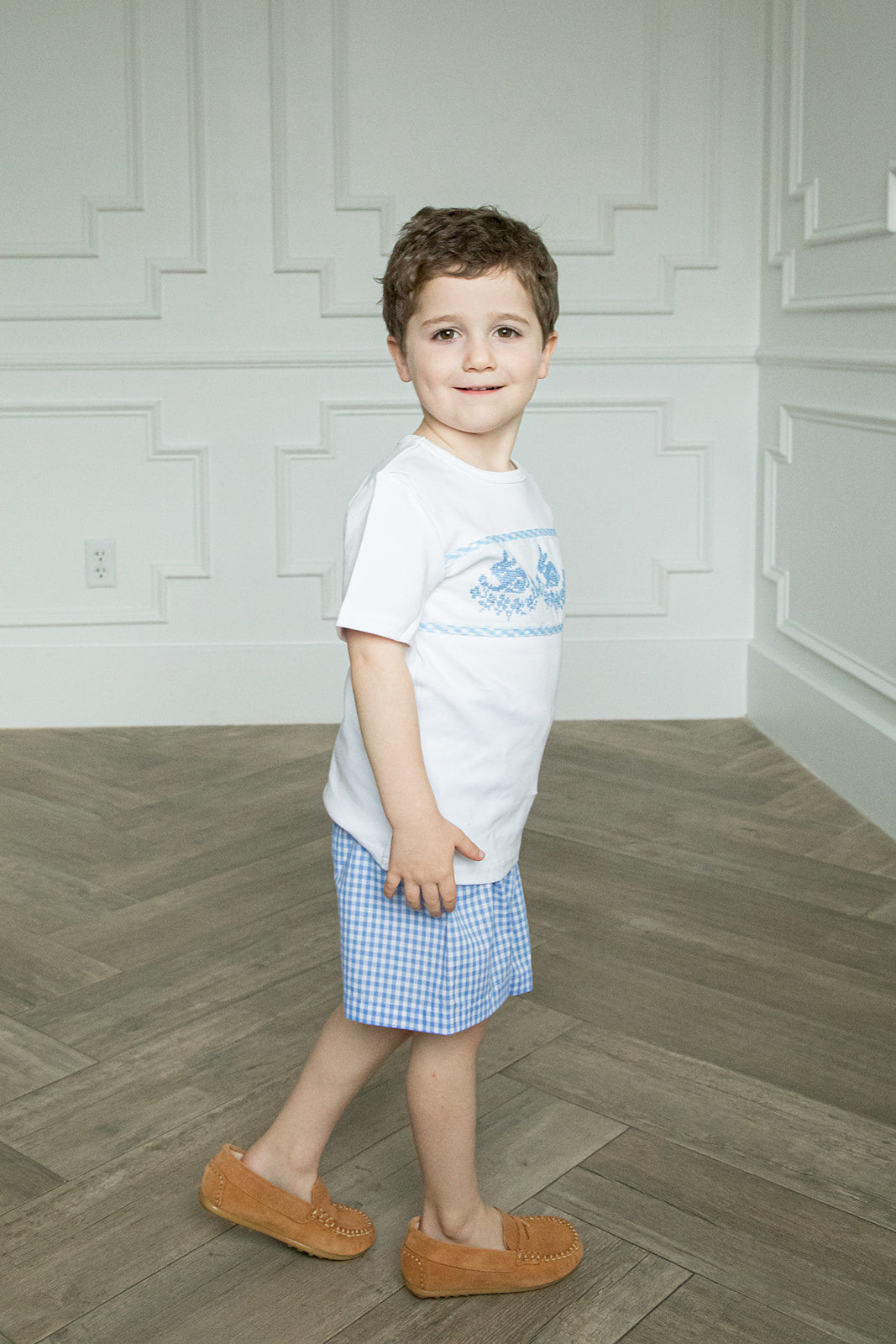 Boy's Marguerite Cross Stitch Bunny Short Set | Gingham Blue