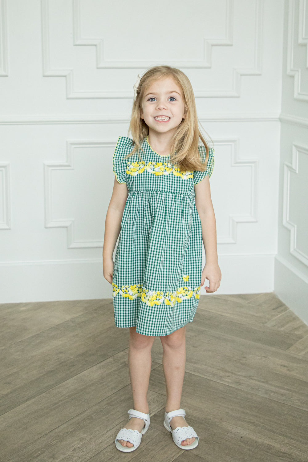 Girl Margarita Dress | Green and White Gingham with Yellow Gold & Green