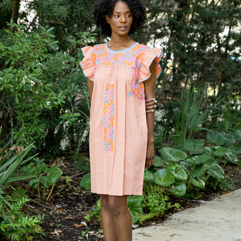 
                  
                    Sara | Peach Dress with Pink, Blue and Orange embroidery
                  
                