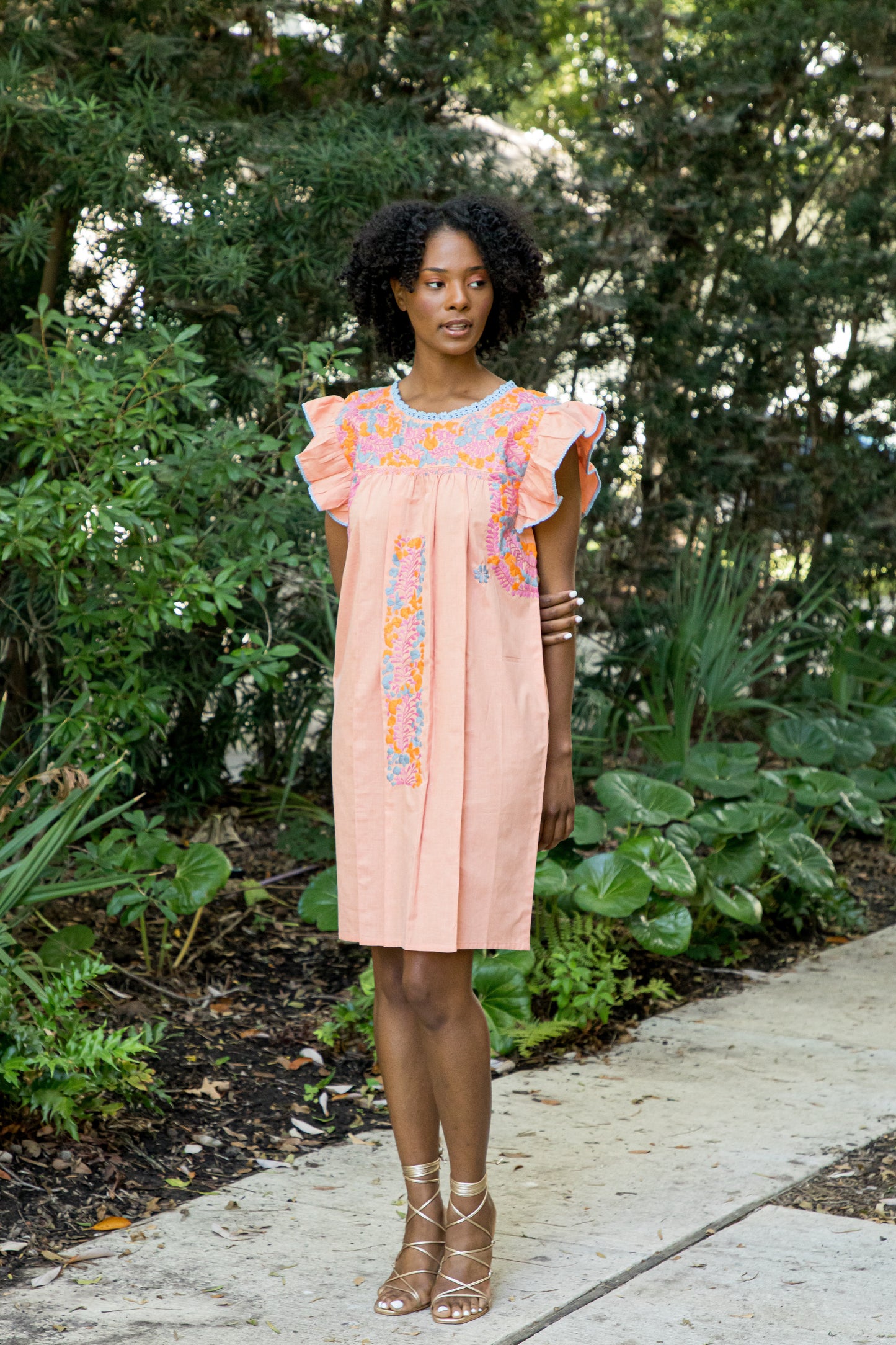 
                  
                    Sara | Peach Dress with Pink, Blue and Orange embroidery
                  
                