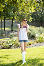 Load image into Gallery viewer, Carolina Ruffles Top | White with Maroon
