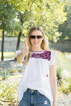 Load image into Gallery viewer, Carolina Ruffles Top | White with Maroon

