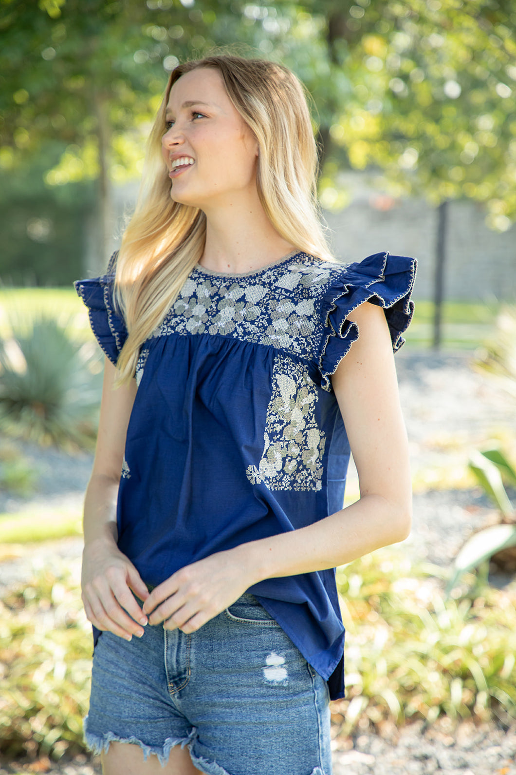 Sara Top | Cross Stitch blue with ombre gray