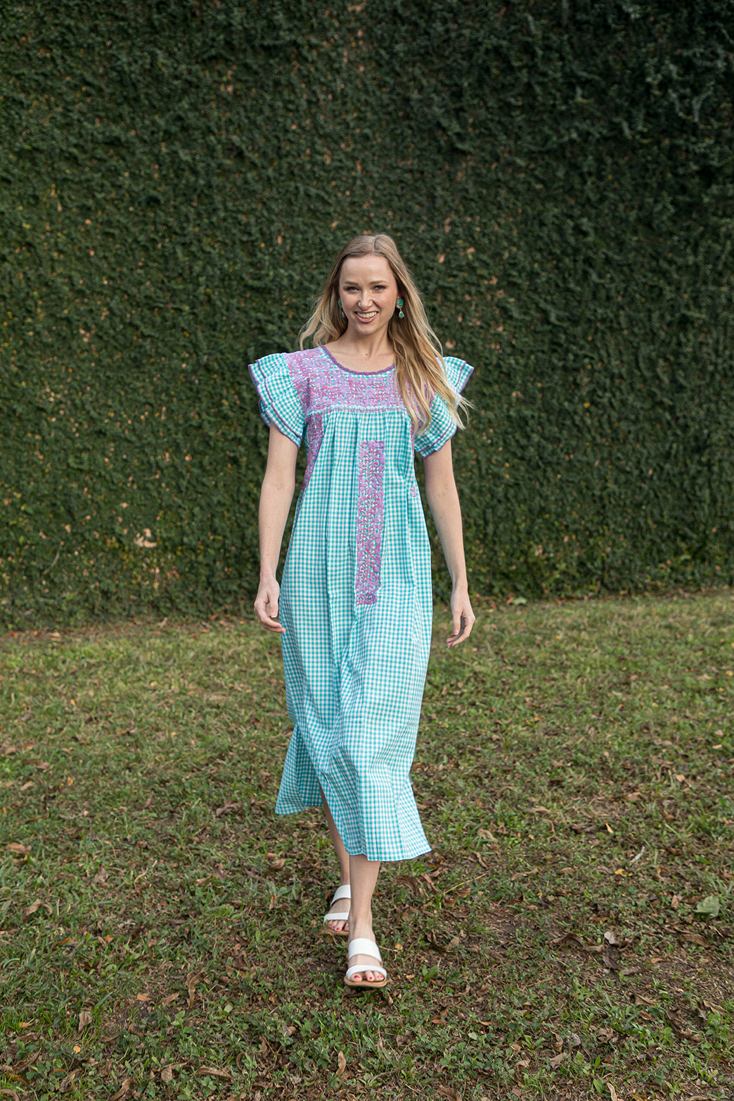 
                  
                    Mariana | Turquoise Maxi Gingham Dress with Lavender and Pink
                  
                