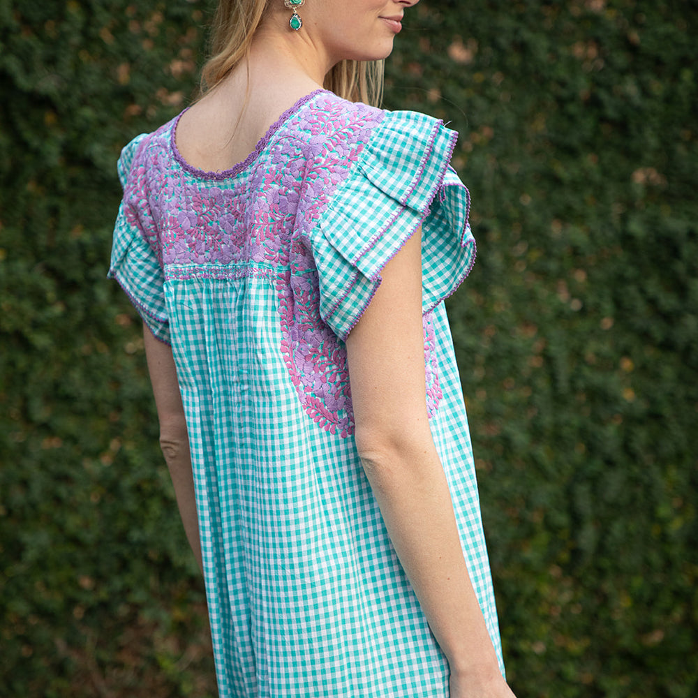 
                  
                    Mariana | Turquoise Maxi Gingham Dress with Lavender and Pink
                  
                