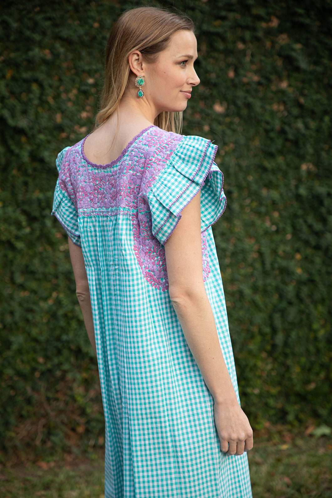 Mariana | Turquoise Maxi Gingham Dress with Lavender and Pink