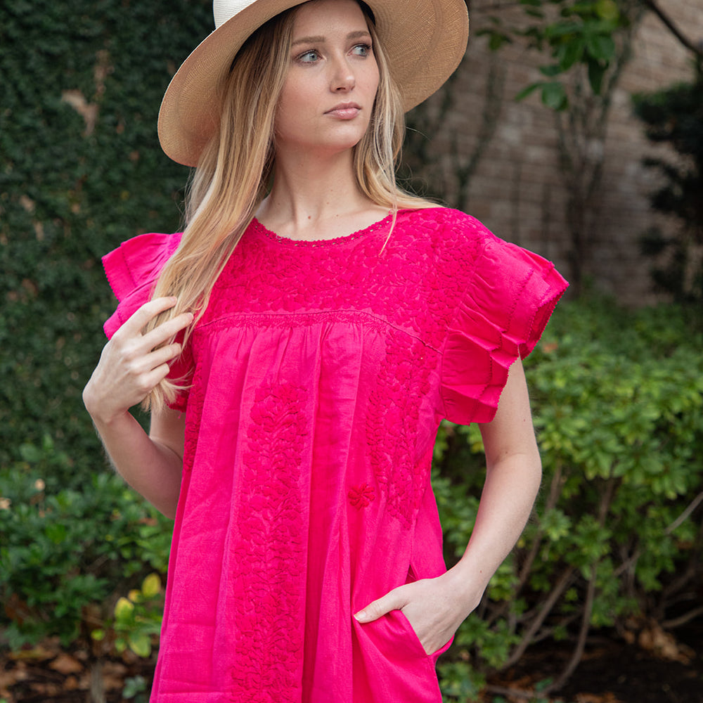 
                  
                    Mariana | Pink Maxi Linen Dress with Magenta Embroidery
                  
                