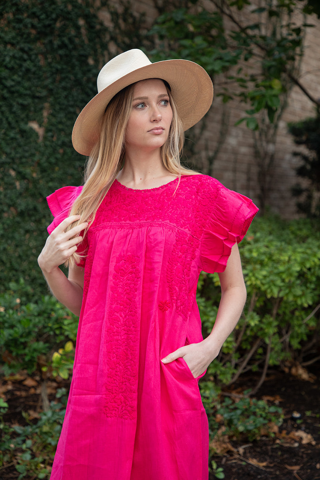 Mariana | Pink Maxi Linen Dress with Magenta Embroidery