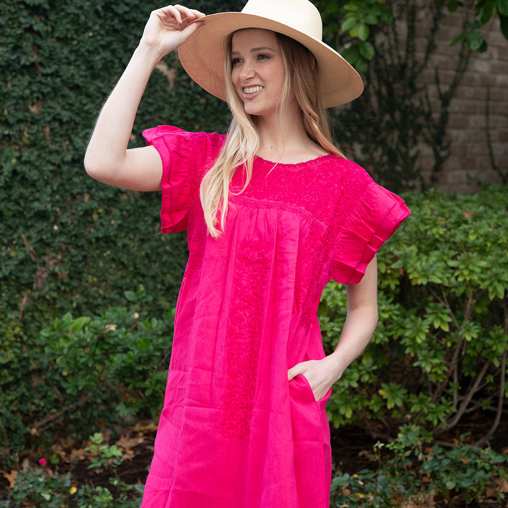 
                  
                    Mariana | Pink Maxi Linen Dress with Magenta Embroidery
                  
                