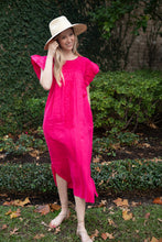 Load image into Gallery viewer, Mariana | Pink Maxi Linen Dress with Magenta Embroidery
