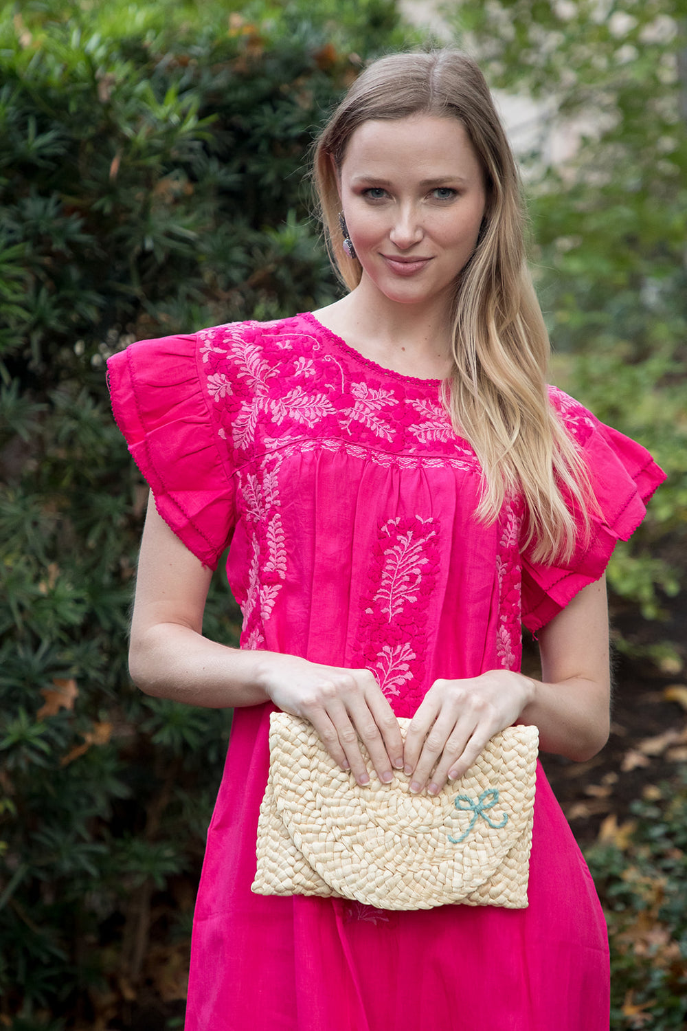 Mariana | Pink Maxi Linen Dress with Magenta and Pink Embroidery