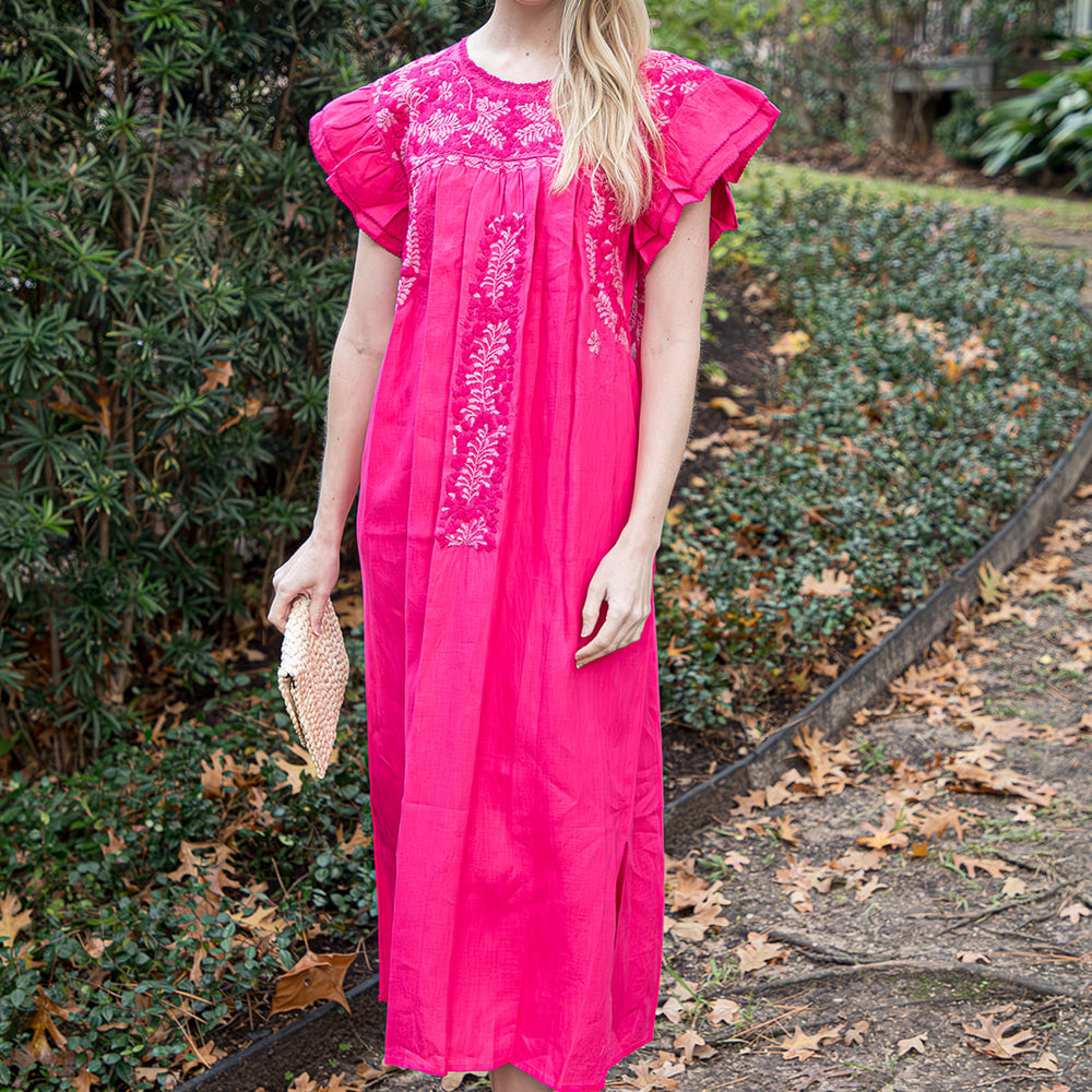 
                  
                    Mariana | Pink Maxi Linen Dress with Magenta and Pink Embroidery
                  
                