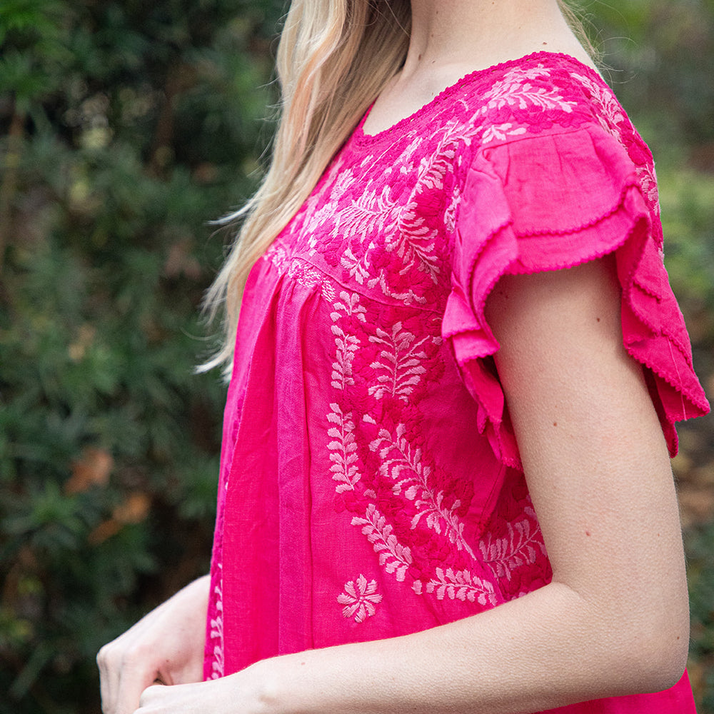 
                  
                    Mariana | Pink Maxi Linen Dress with Magenta and Pink Embroidery
                  
                