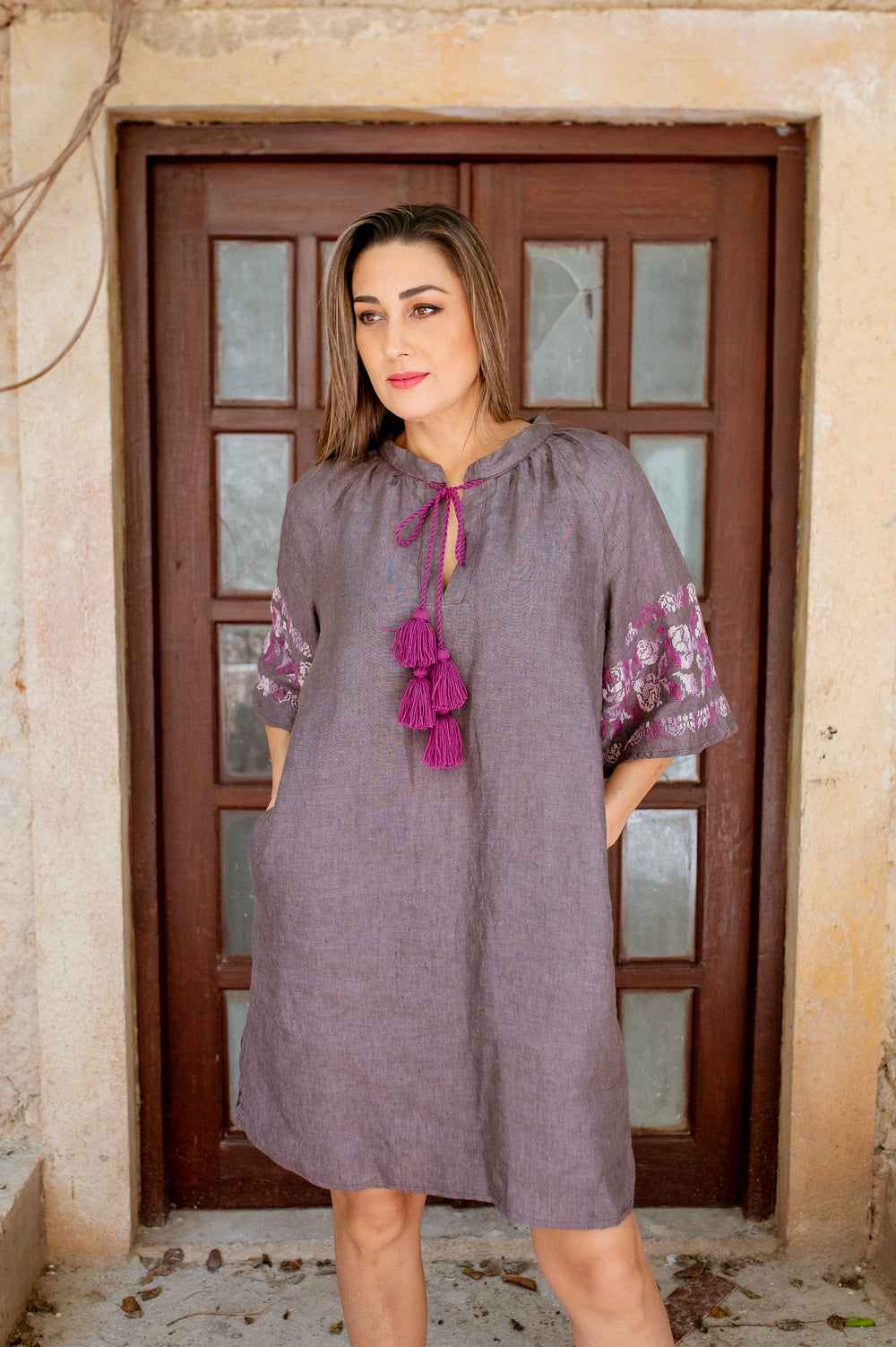 Angelica Dress | Linen Violet with Purple Cross- Stitch Embroidery