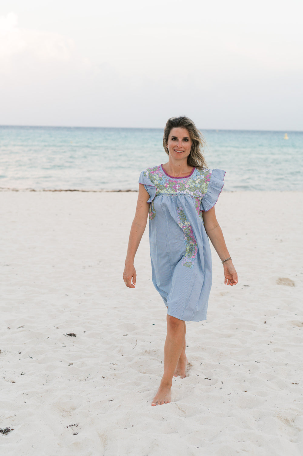 Sara Dress | Blue Stripes with Pastel Multicolor