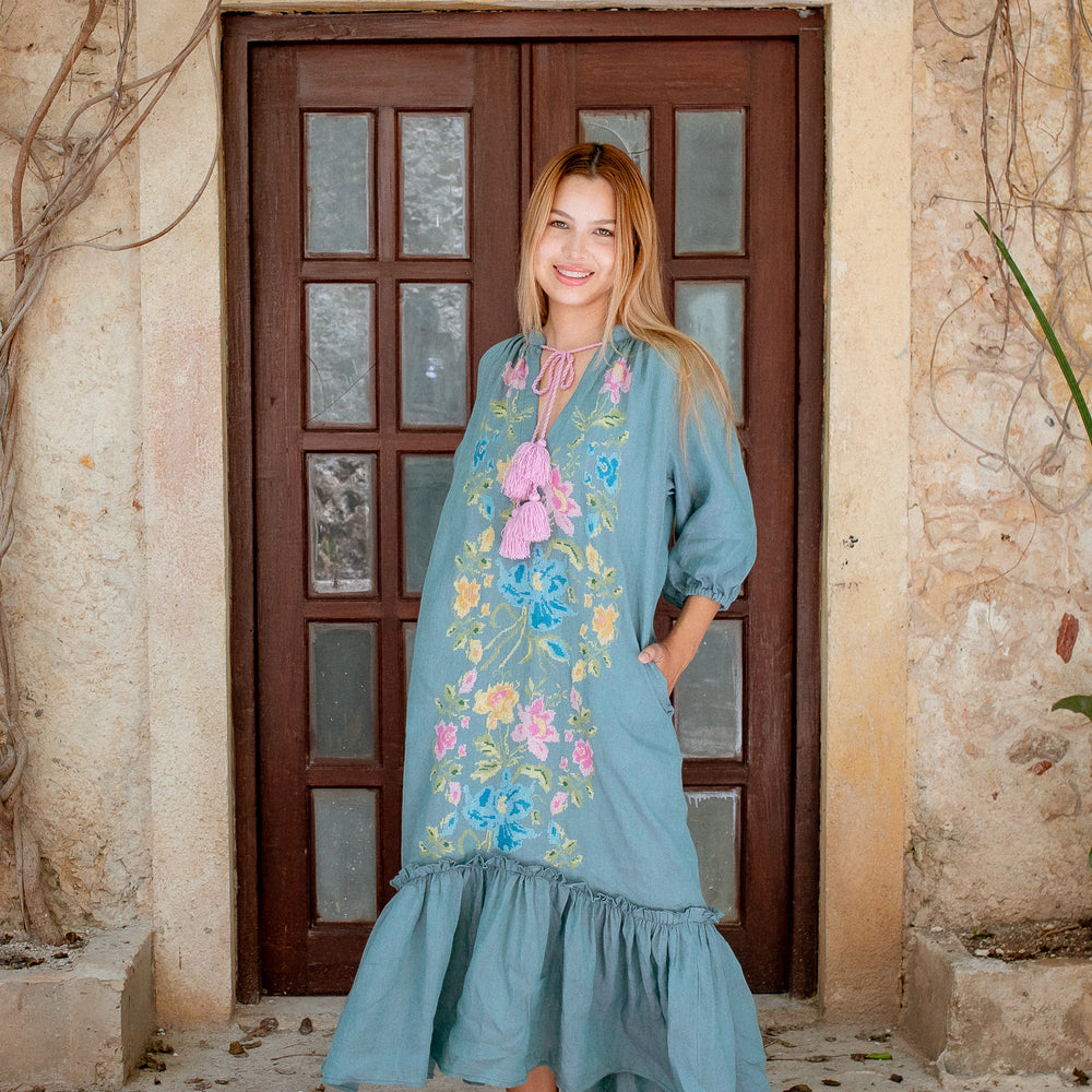 embroidered maxi dress india Green Hand Embroidered Gown: Premium Indian Dress by Raas XL / Green main image 0