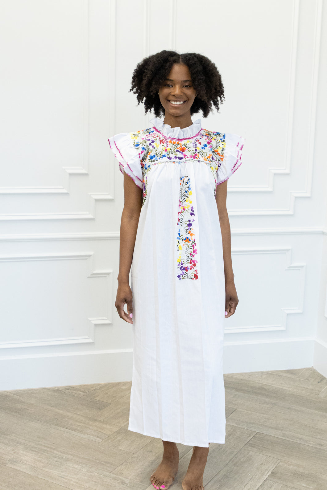 Mariana | Maxi White Multicolor with Ruffle collar Dress