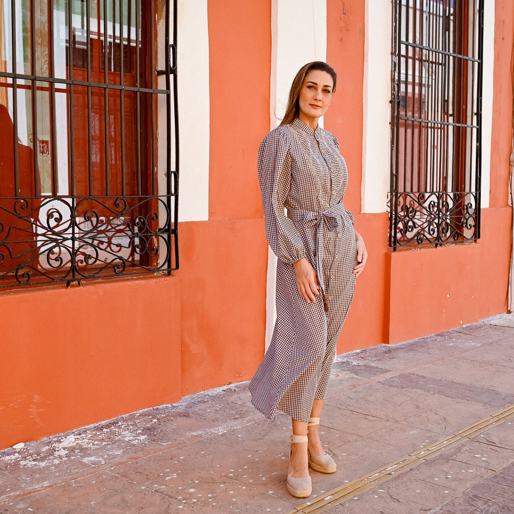 
                  
                    Veronica Deshilado Dress | Brown Gingham
                  
                