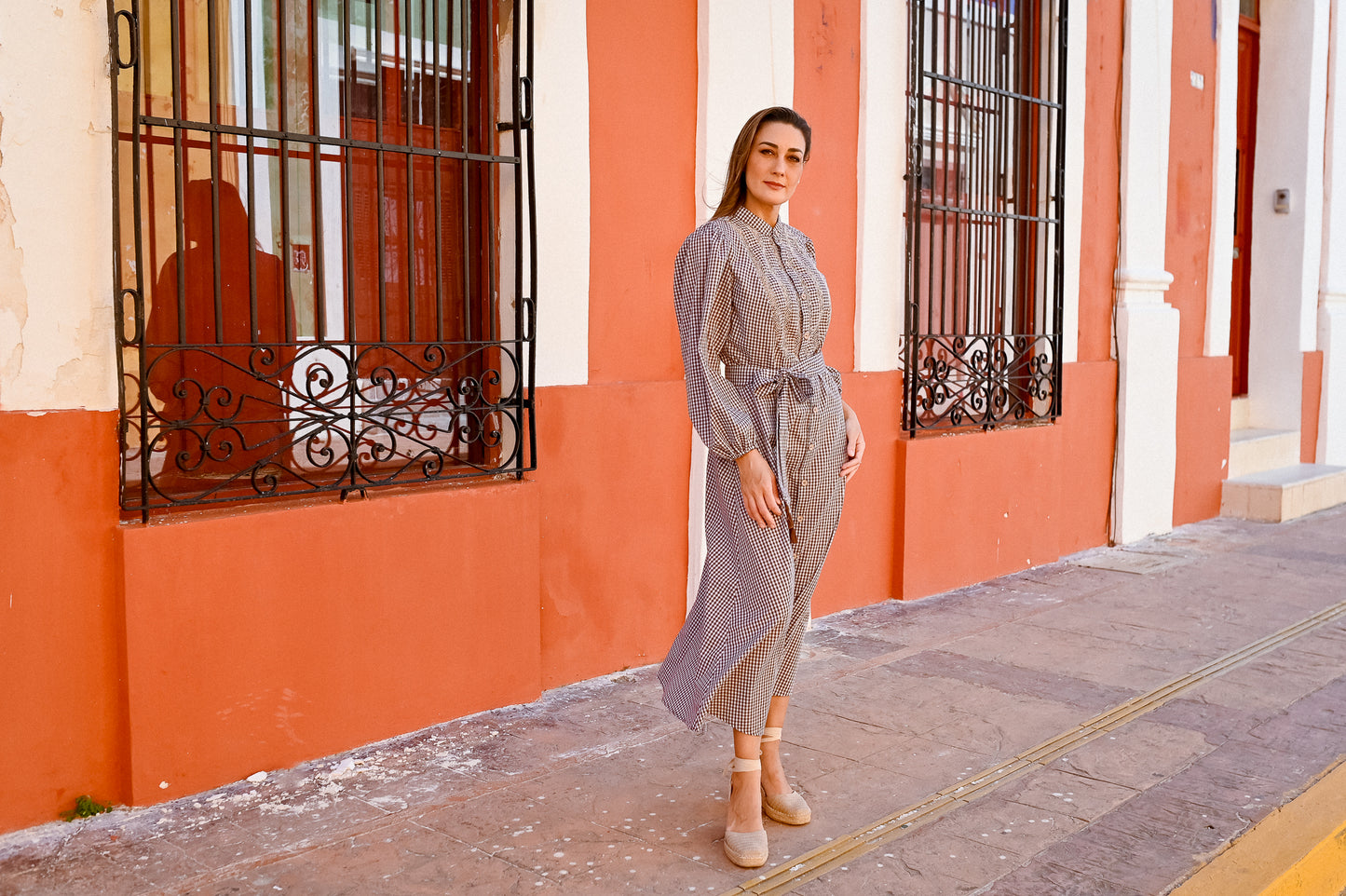 
                  
                    Veronica Deshilado Dress | Brown Gingham
                  
                