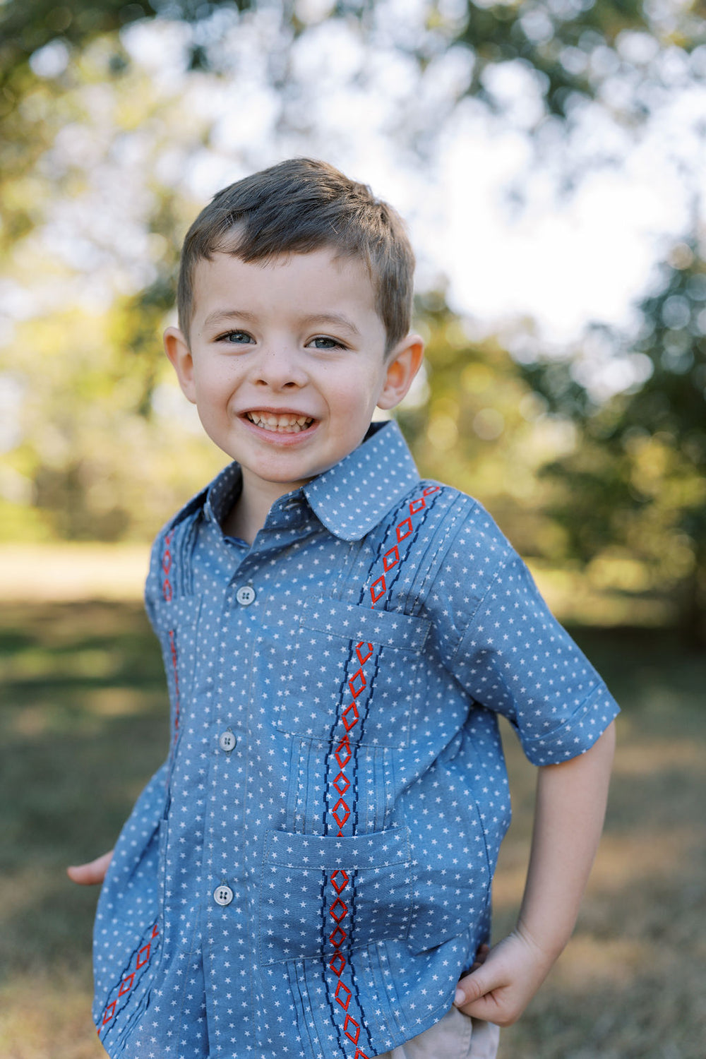 Boy’s Guayabera | Blue and Red Stars
