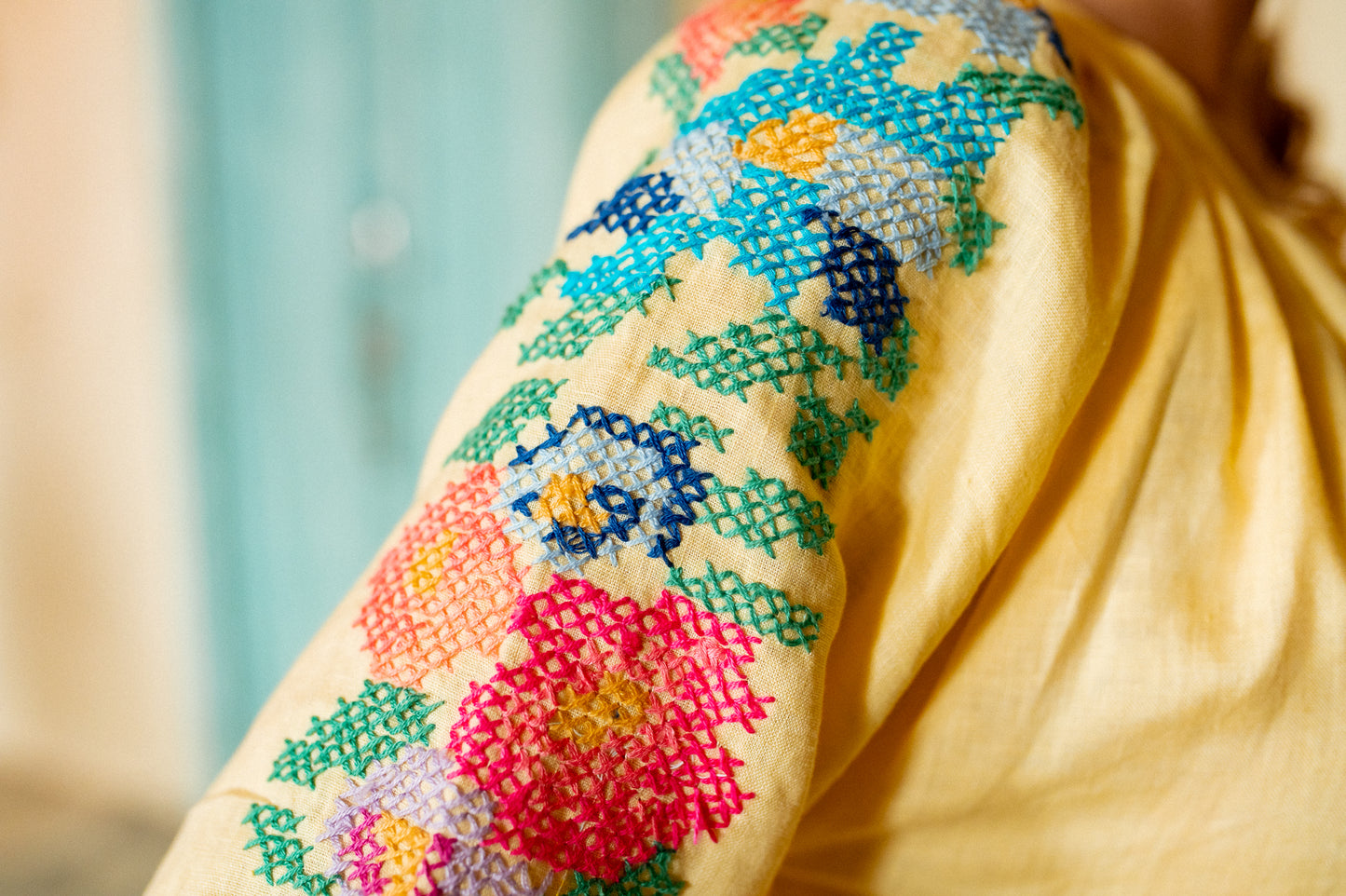 
                  
                    Fernanda  Dress | Yellow Multicolor Flowers  Cross- Stitch Embroidery
                  
                