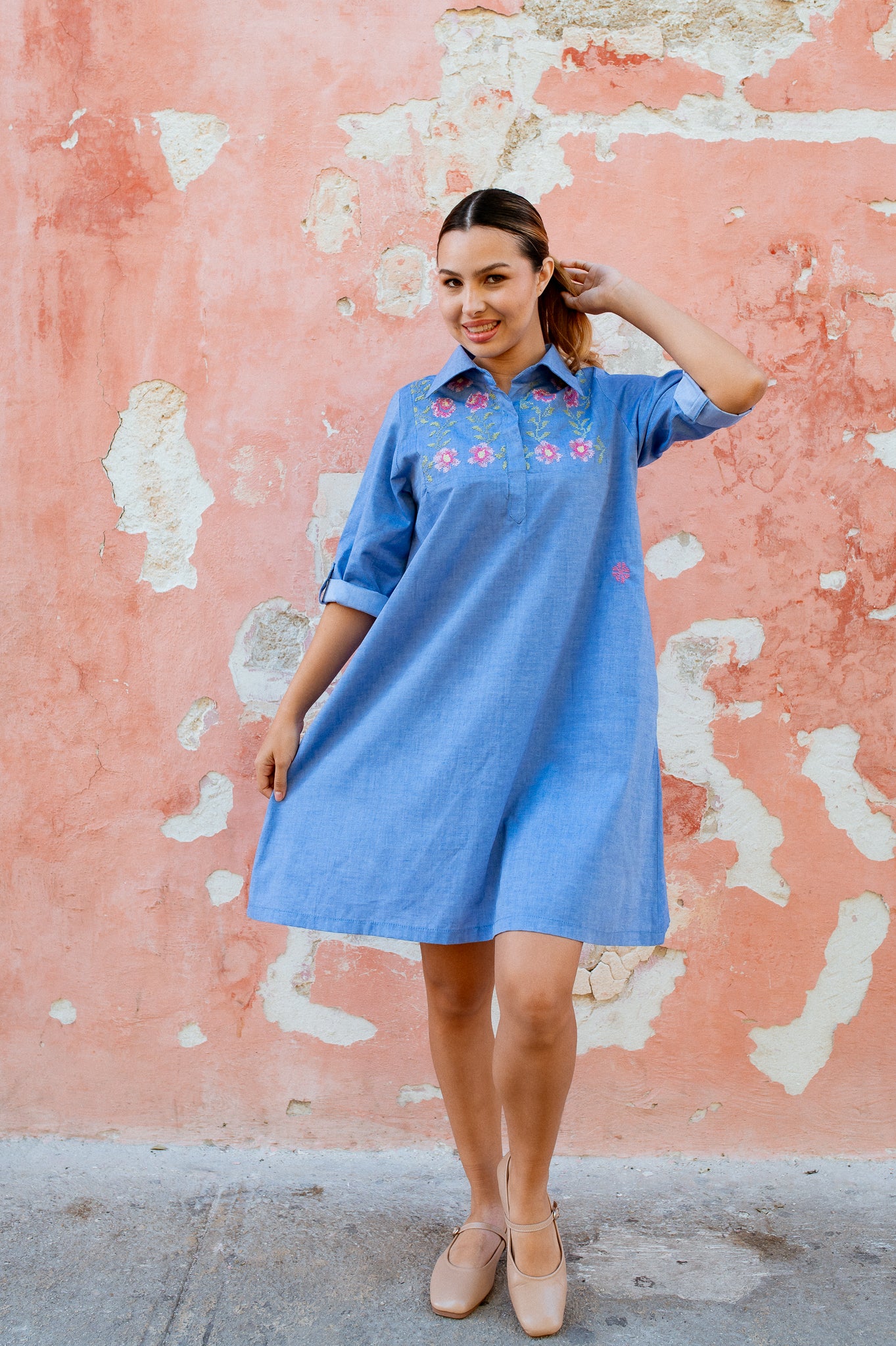 
                  
                    Cayetana Cross Stitch Dress | Blue with Pink
                  
                